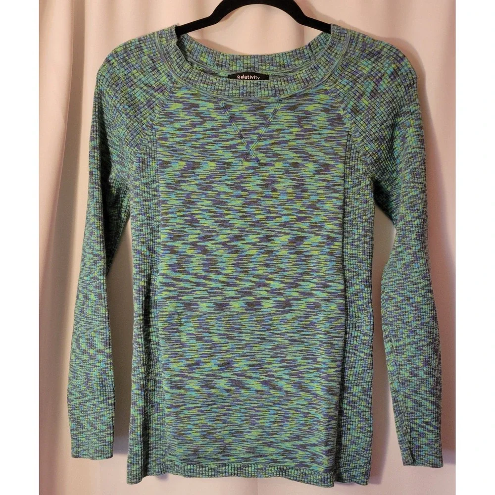 Relativity Space Dye Marled Knit Sweater Green Blue Crewneck Womens Medium
